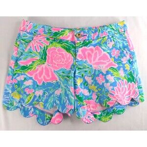 Lilly Pulitzer Buttercup Stretch ZANZIBAR BLUE BUNNY Scallop Hem Shorts Womens 0